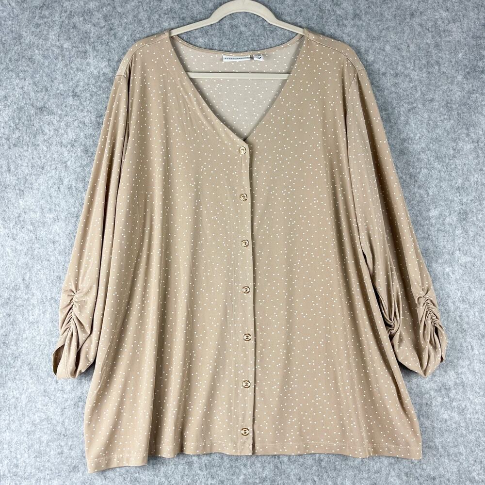 Susan Graver Liquid Knit Tunic Top Womens 3X Beige Polka Dot Button Front Ruched